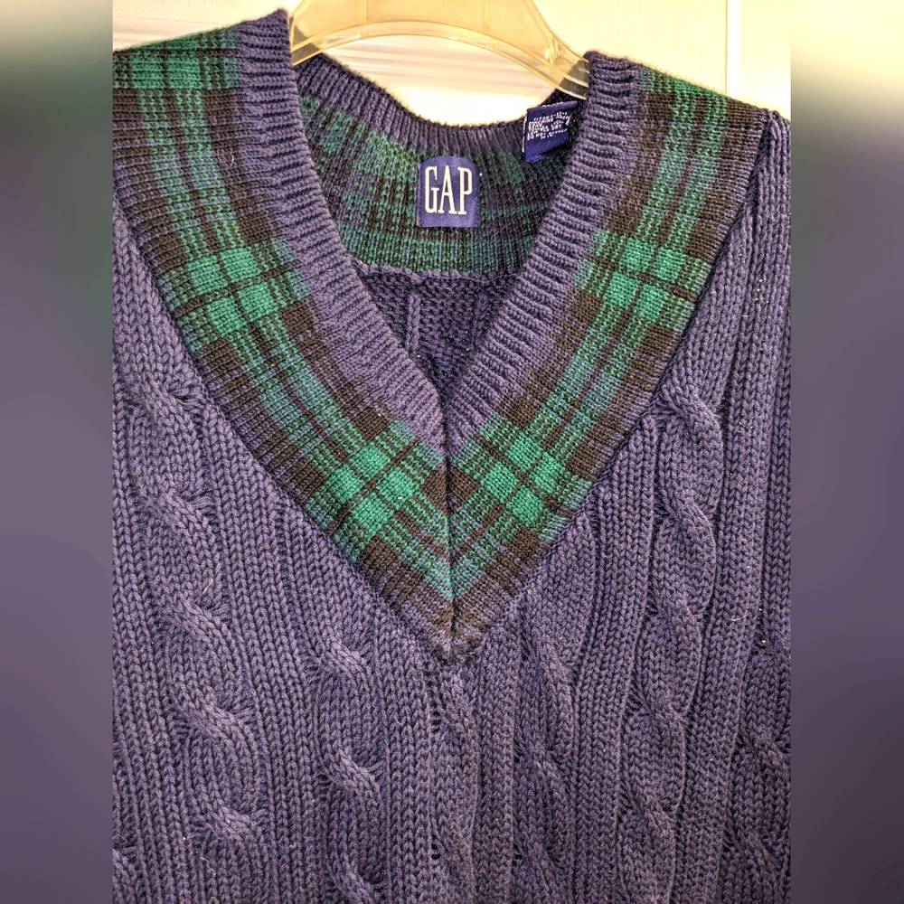 GAP Men's Vintage 90's Navy Cable Knit Sweater Vest - Picture 2 of 8